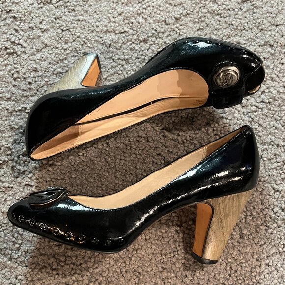 COACH HANNAH PEEP-TOE BLACK PATENT LEATHER PUMPS SILVER LOGO HARDWARE -EUC- 7.5B - Picture 8 of 13